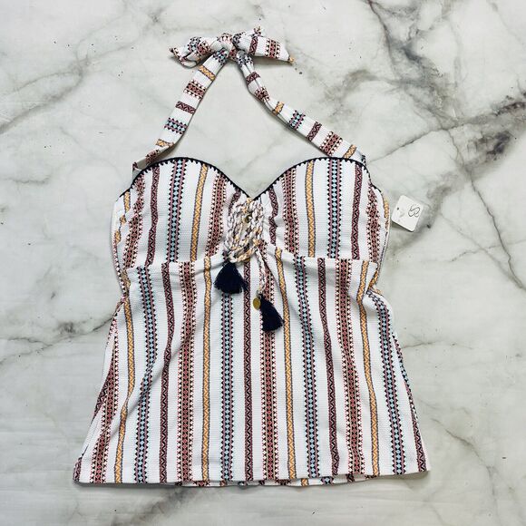 Jessica Simpson White Striped Texture Underwire Halter Tankini Top Blue Orange S - Picture 2 of 6